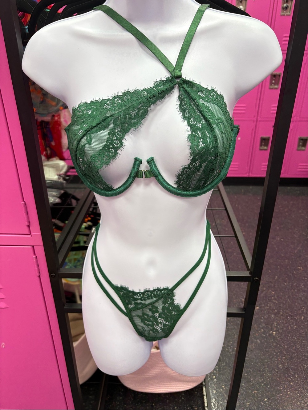 Sheer Lace Strappy Bra & Thong Set - Forest Green